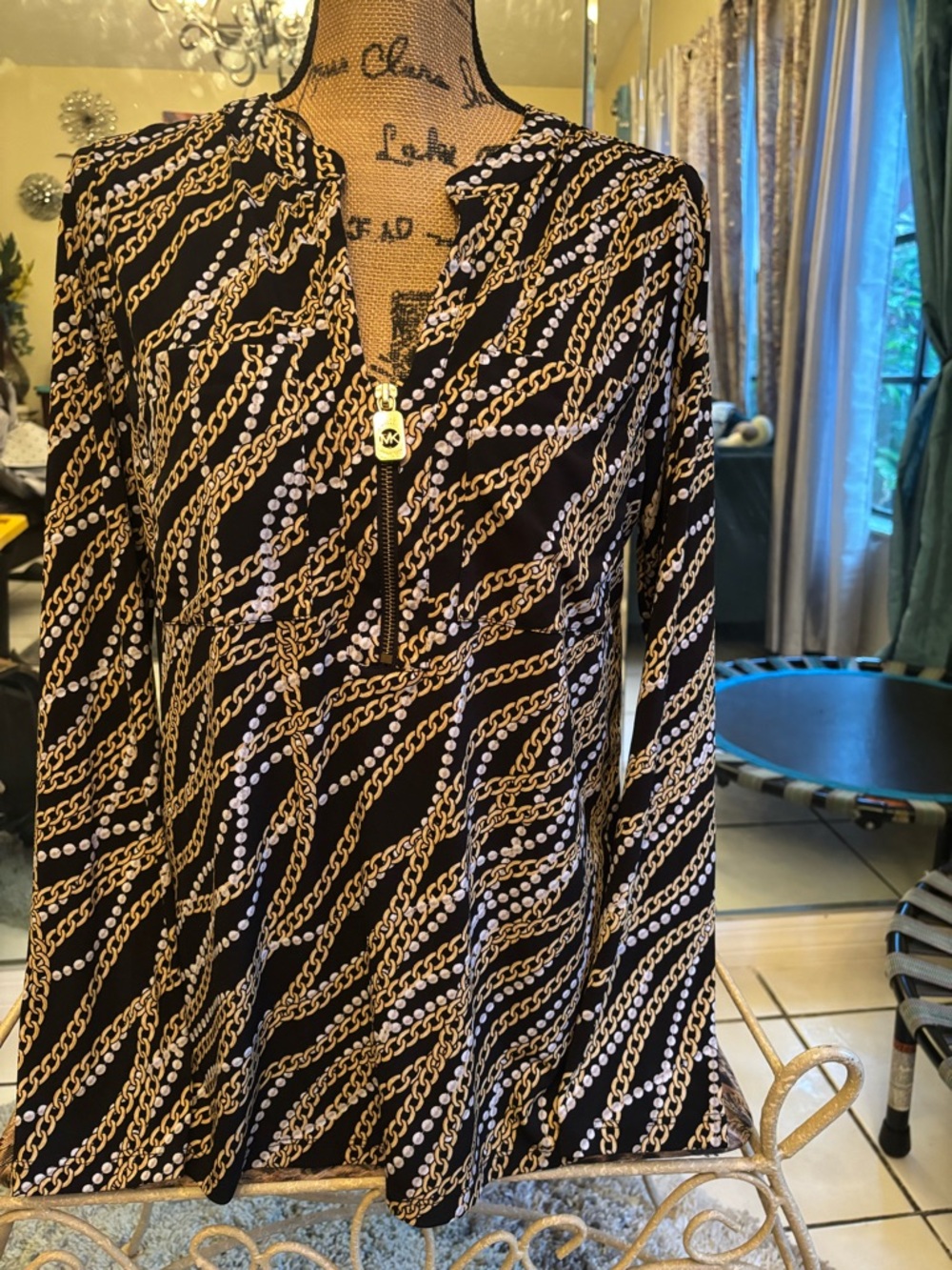 KORS Michael Kors Black Long-Sleeve Chain-Print Zip Tunic